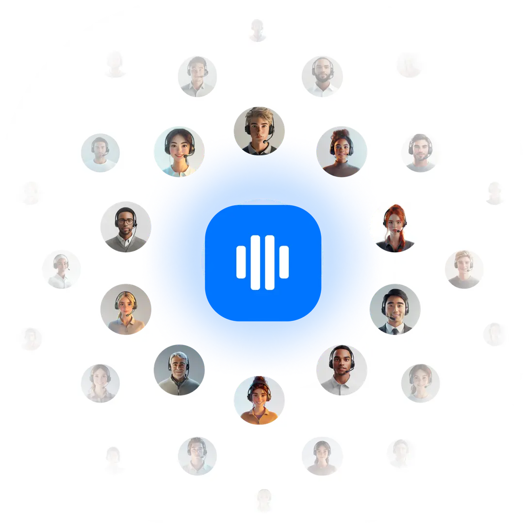 Diverse team avatars circling a blue communication or sound wave icon