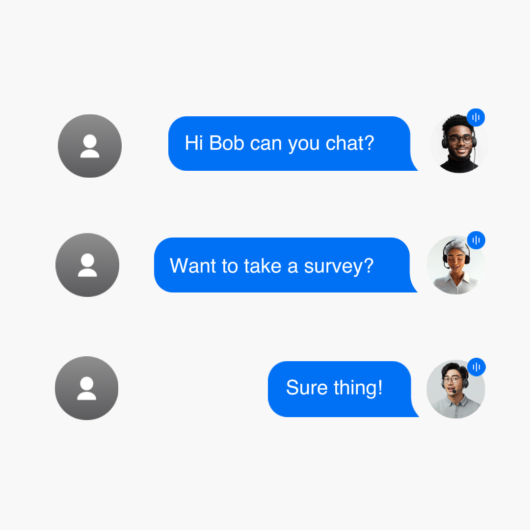 Chat interface showing three messages in blue bubbles asking if Bob can chat and wants to take a survey, with three diverse avatars wearing headsets next to the messages.