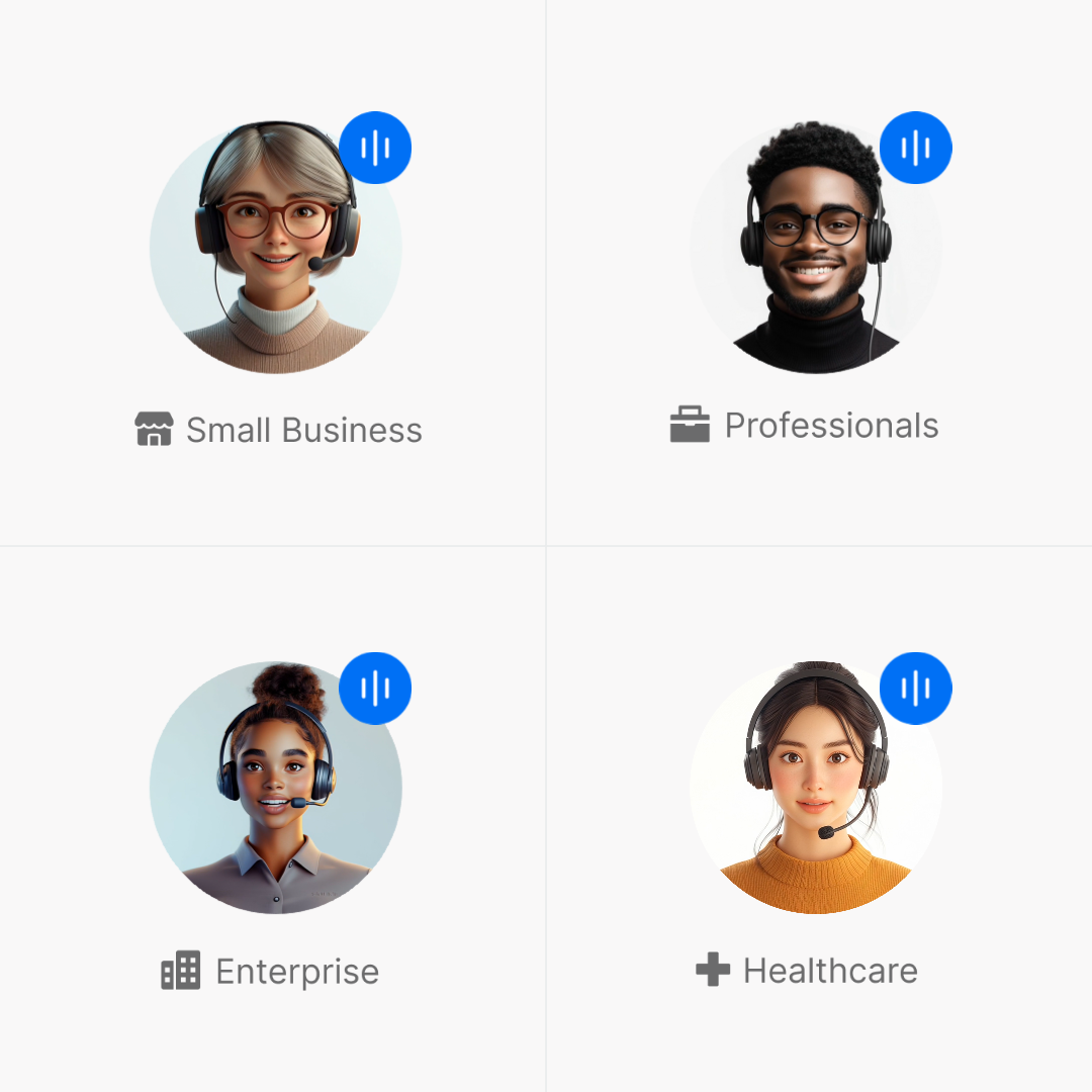 Four diverse customer service representatives wearing headsets, labeled Small Business, Professionals, Enterprise, and Healthcare.